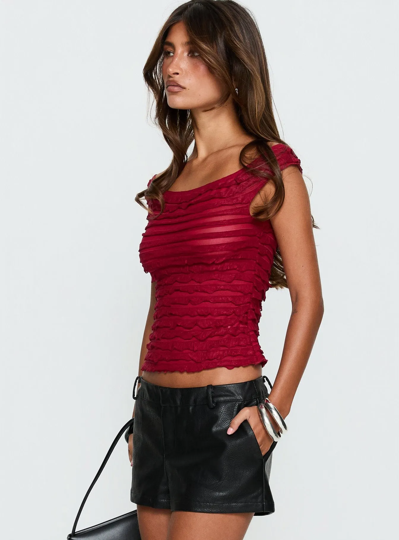 Lylah Frill Detail Top Burgundy sold by Princess Polly product image thumbnail 3