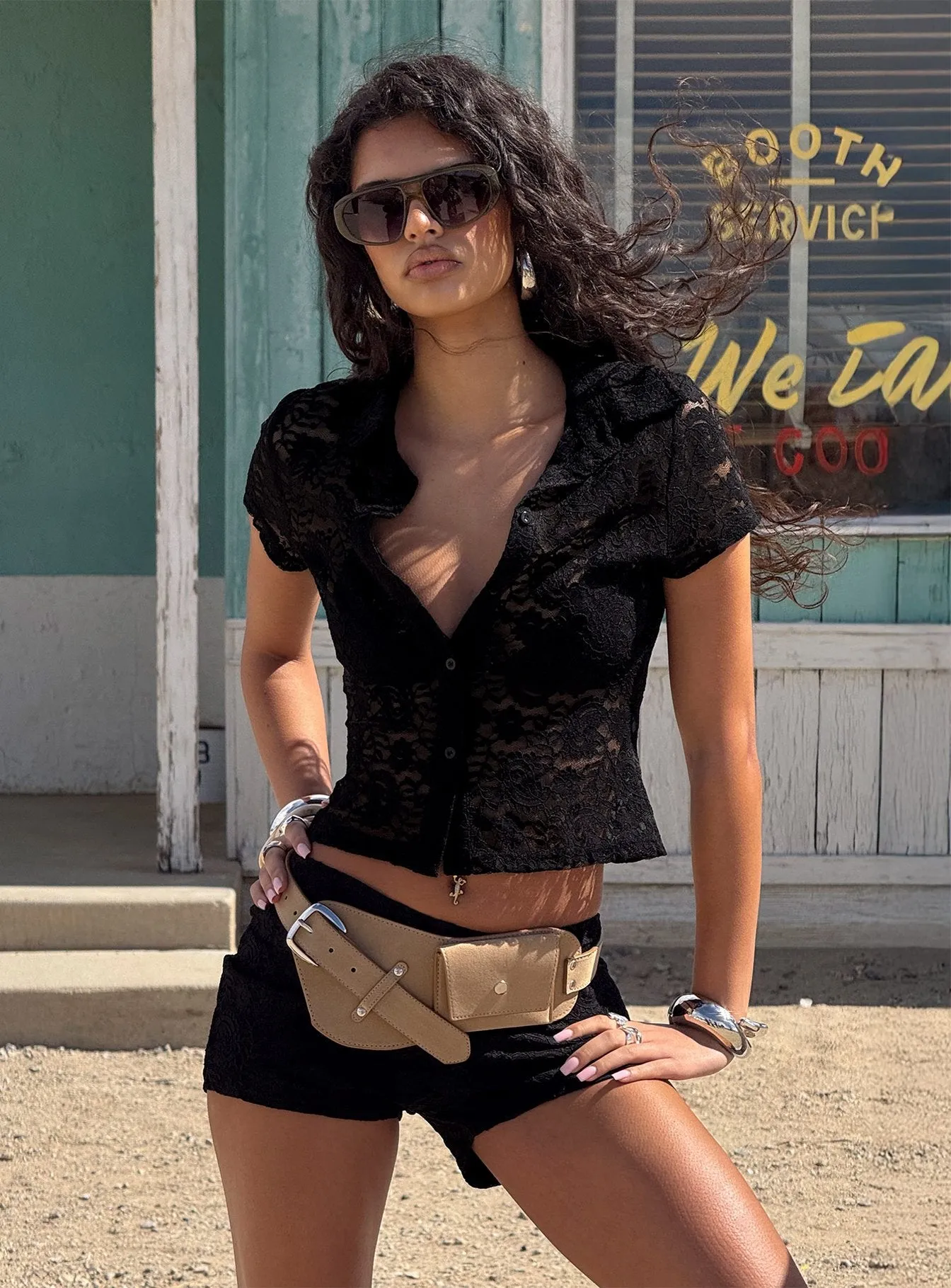 Daveney Lace Short Sleeve Collared Top Black sold by Princess Polly