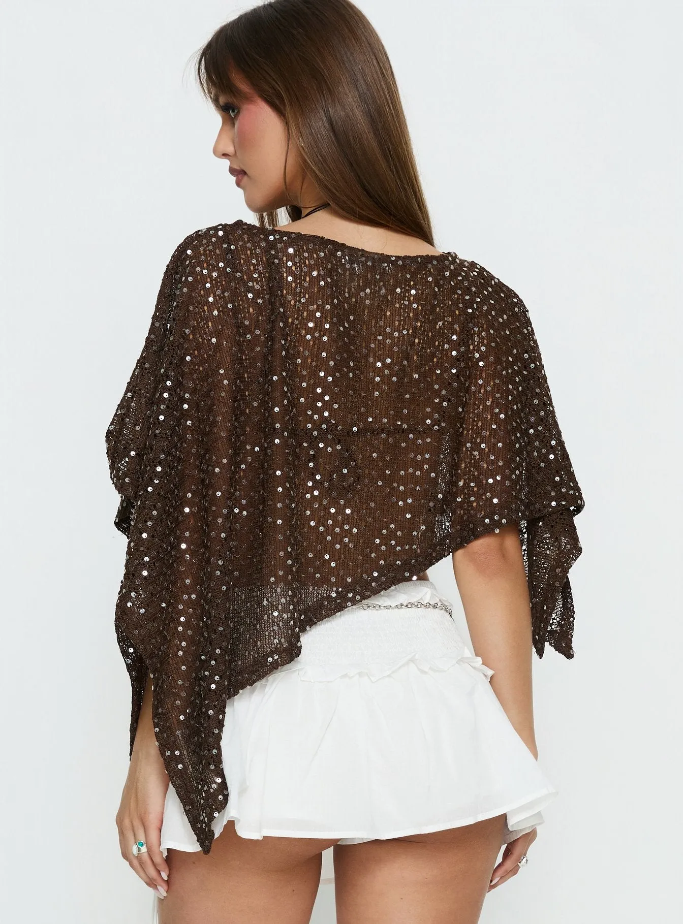 Grotto Asymmetrical Boat Neck Poncho Brown Sparkle sold by Princess Polly product image thumbnail 5
