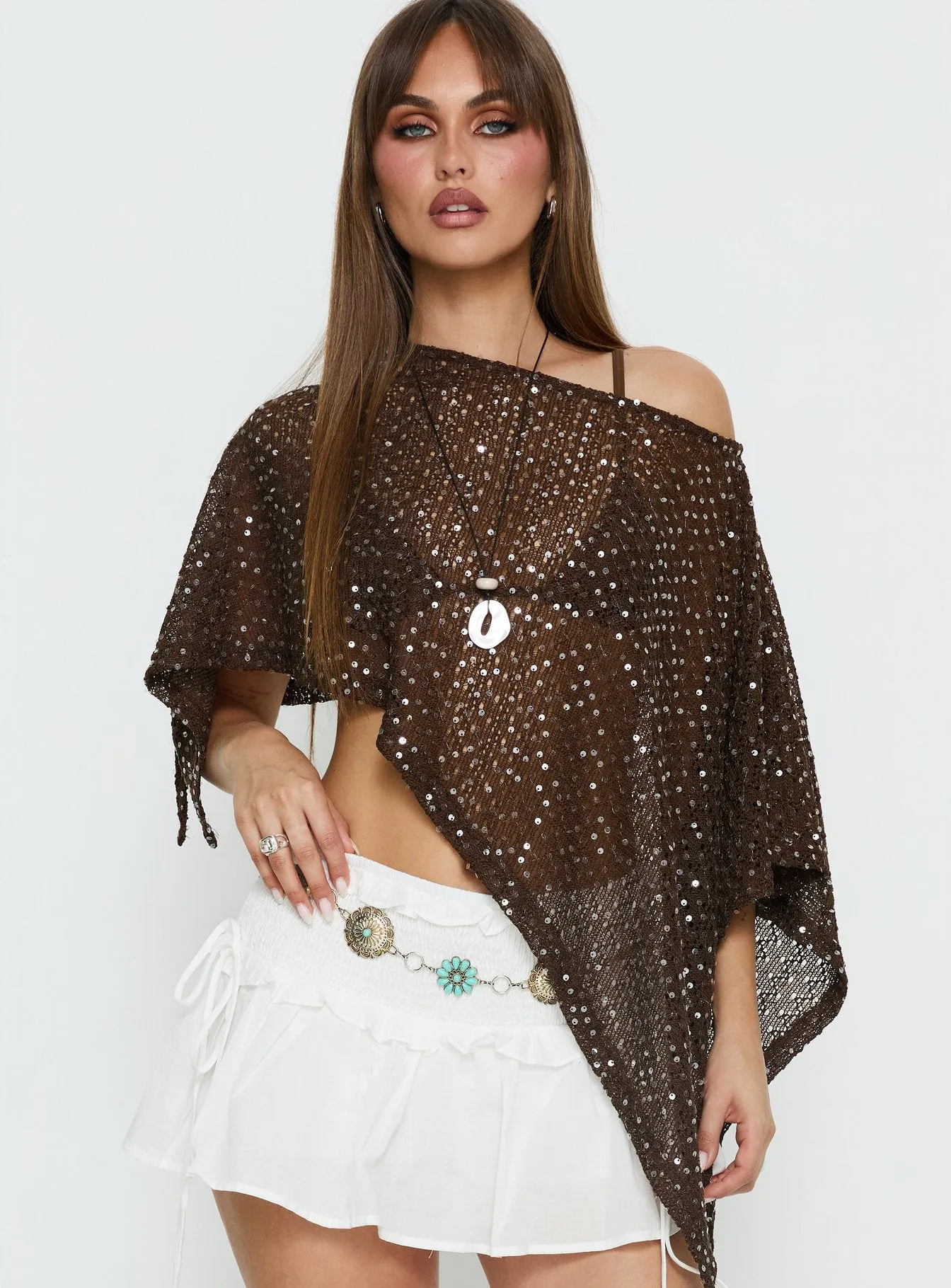 Grotto Asymmetrical Boat Neck Poncho Brown Sparkle sold by Princess Polly product image thumbnail 2