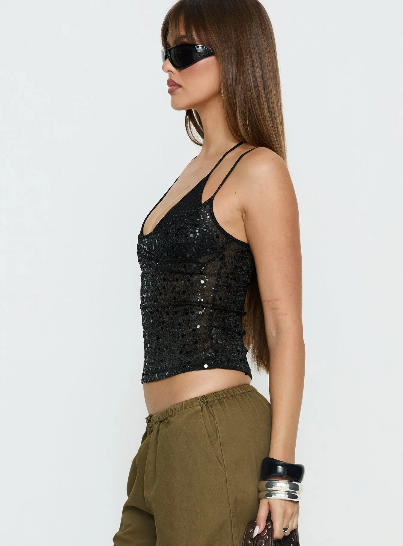 Odena Layered Sequin Cami Top Black sold by Princess Polly product image thumbnail 4