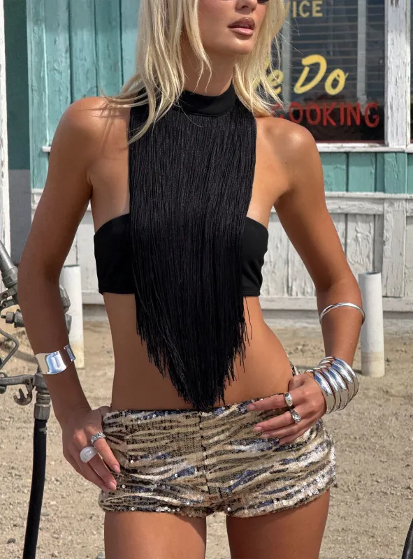 Zephyrine Fringe Asymmetrical Halter Top Black made by Princess Polly