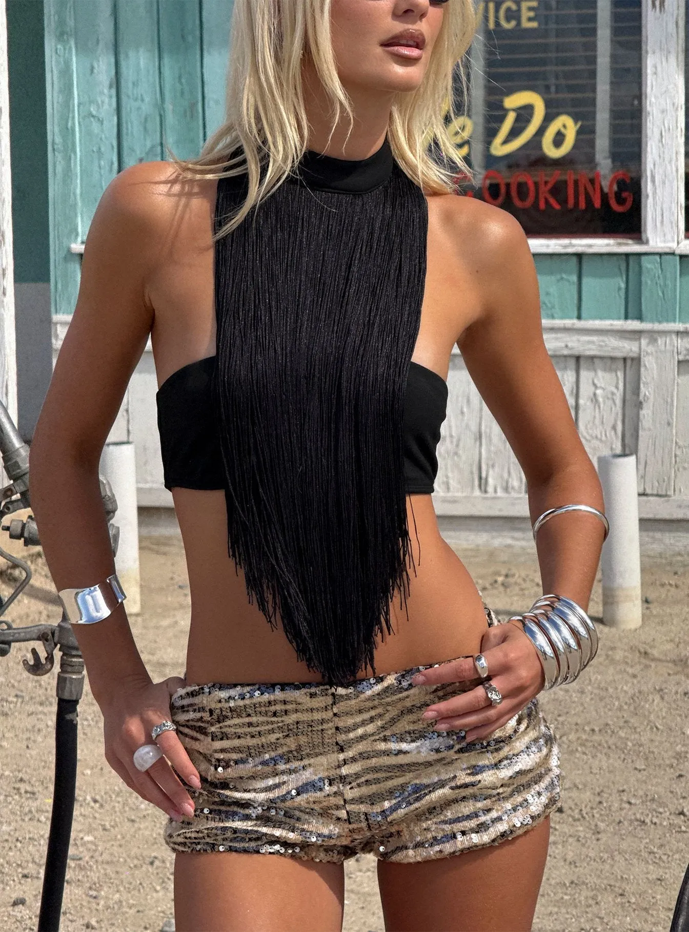 Zephyrine Fringe Asymmetrical Halter Top Black sold by Princess Polly