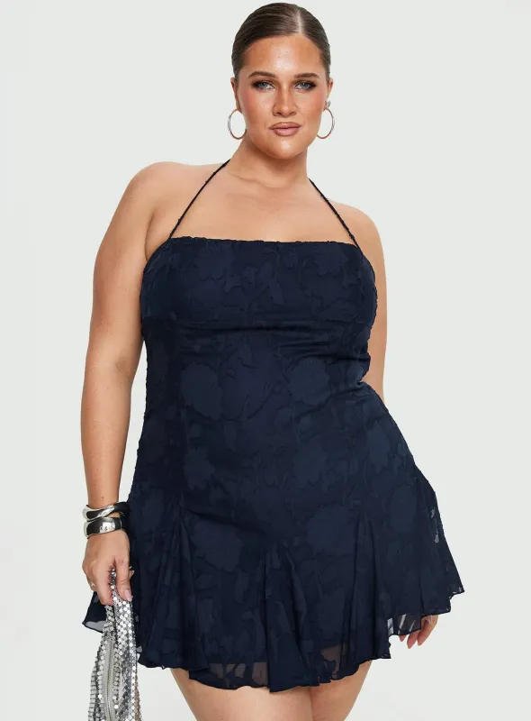 Delamere Mini Dress Navy Burnout Curve made by Princess Polly
