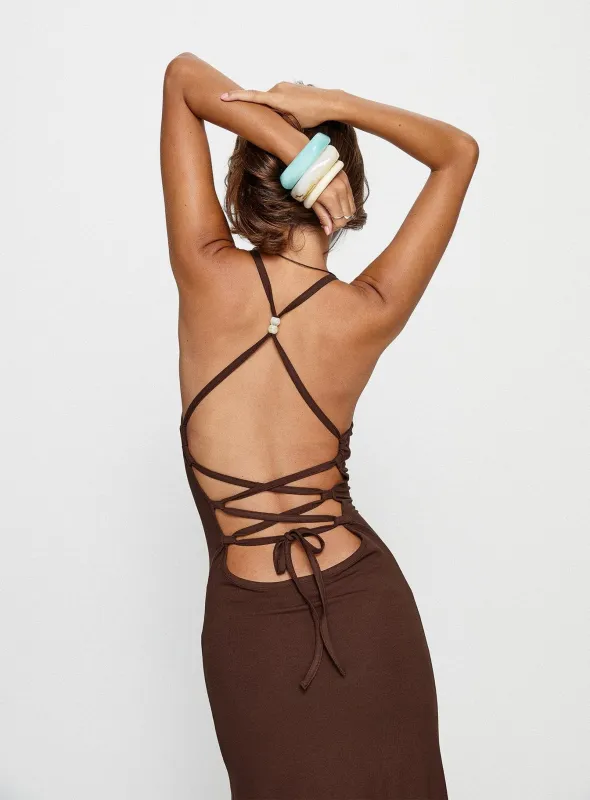 Pasita Halter Tie Up Maxi Dress Chocolate sold by Princess Polly