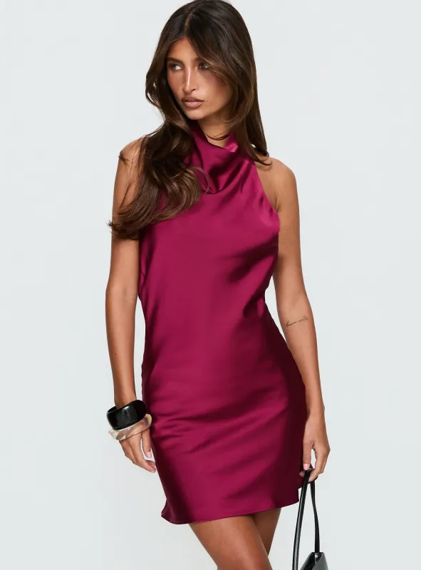 A-list Halter Cowl Neck Mini Dress Plum sold by Princess Polly