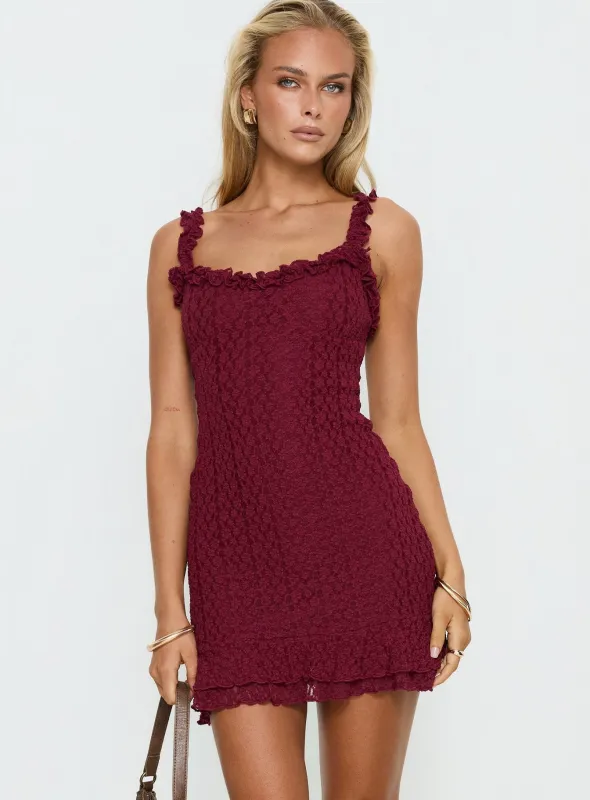 Steffi Frill Lace Mini Dress Burgundy sold by Princess Polly