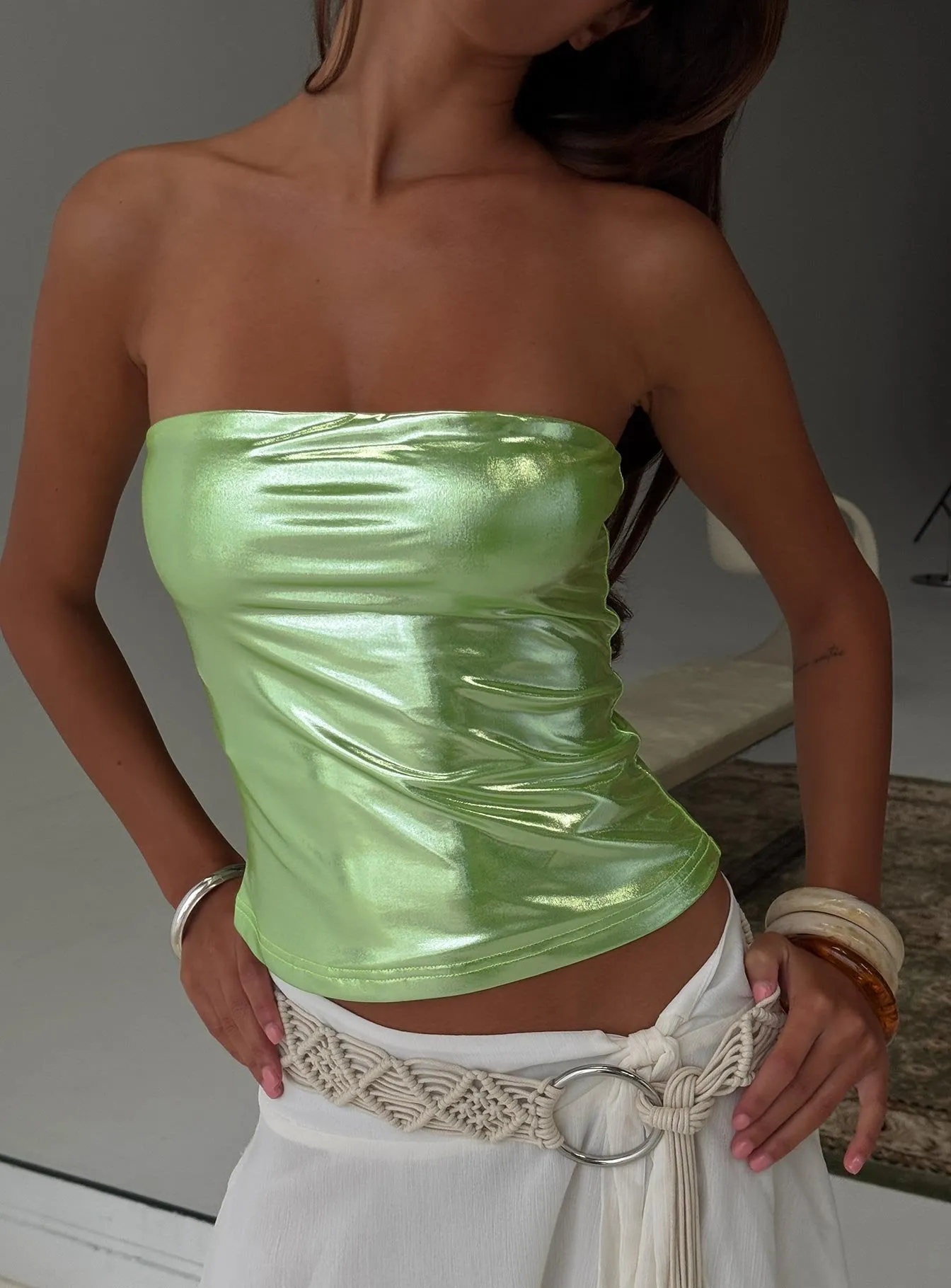 Mistyque Strapless Metallic Top Lime sold by Princess Polly