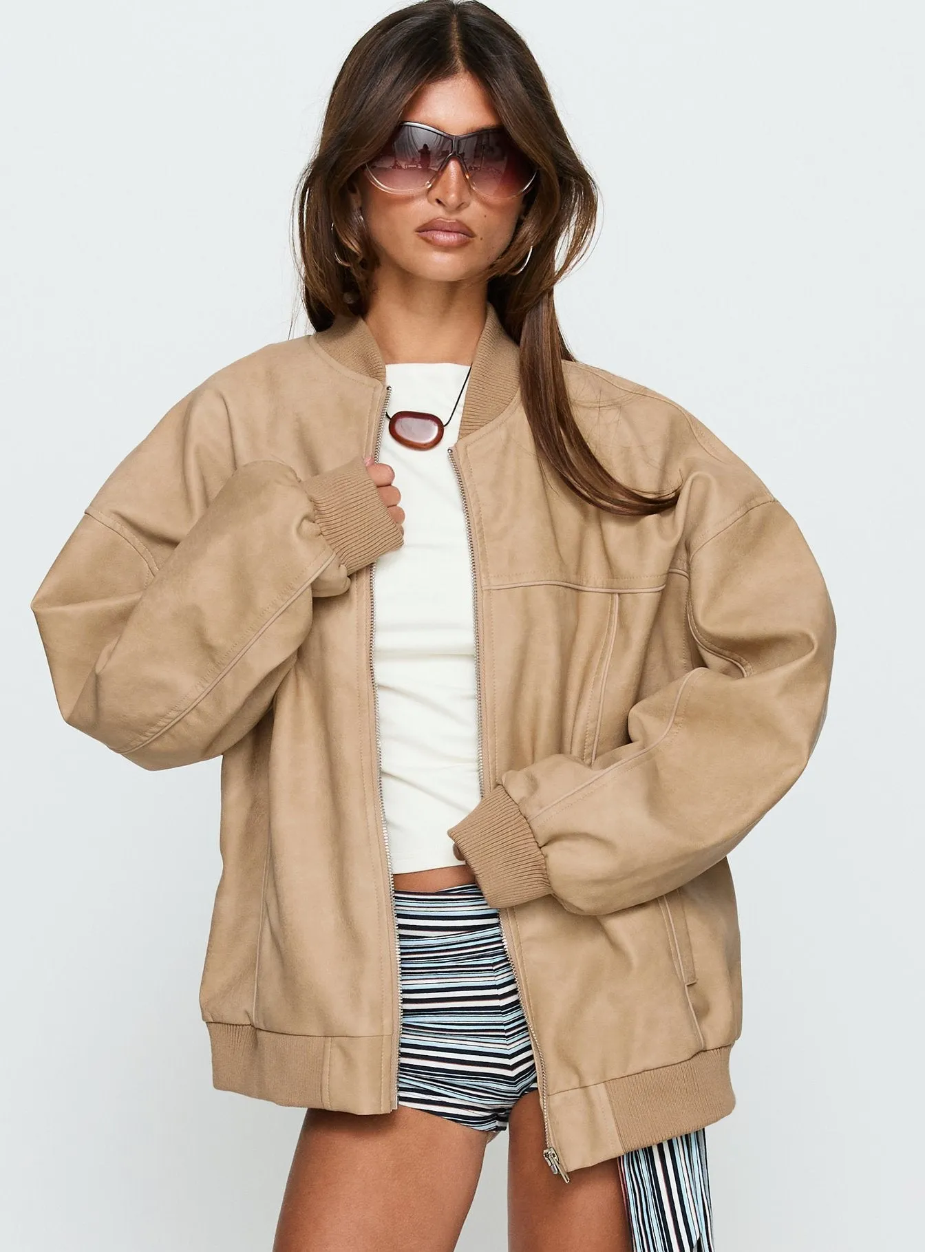 Believe It Faux Leather Bomber Jacket Washed Stone sold by Princess Polly product image thumbnail 2