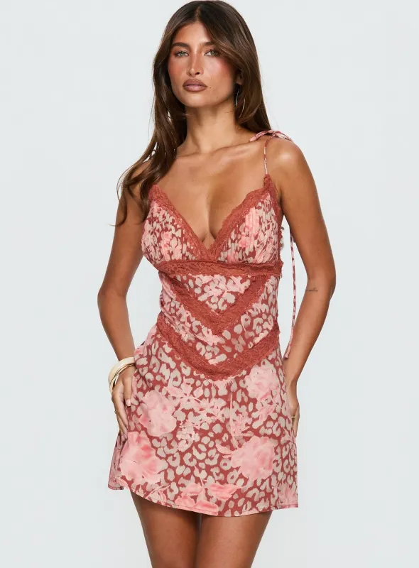 Orithia Lace Trim Playsuit Red / Pink Leopard sold by Princess Polly