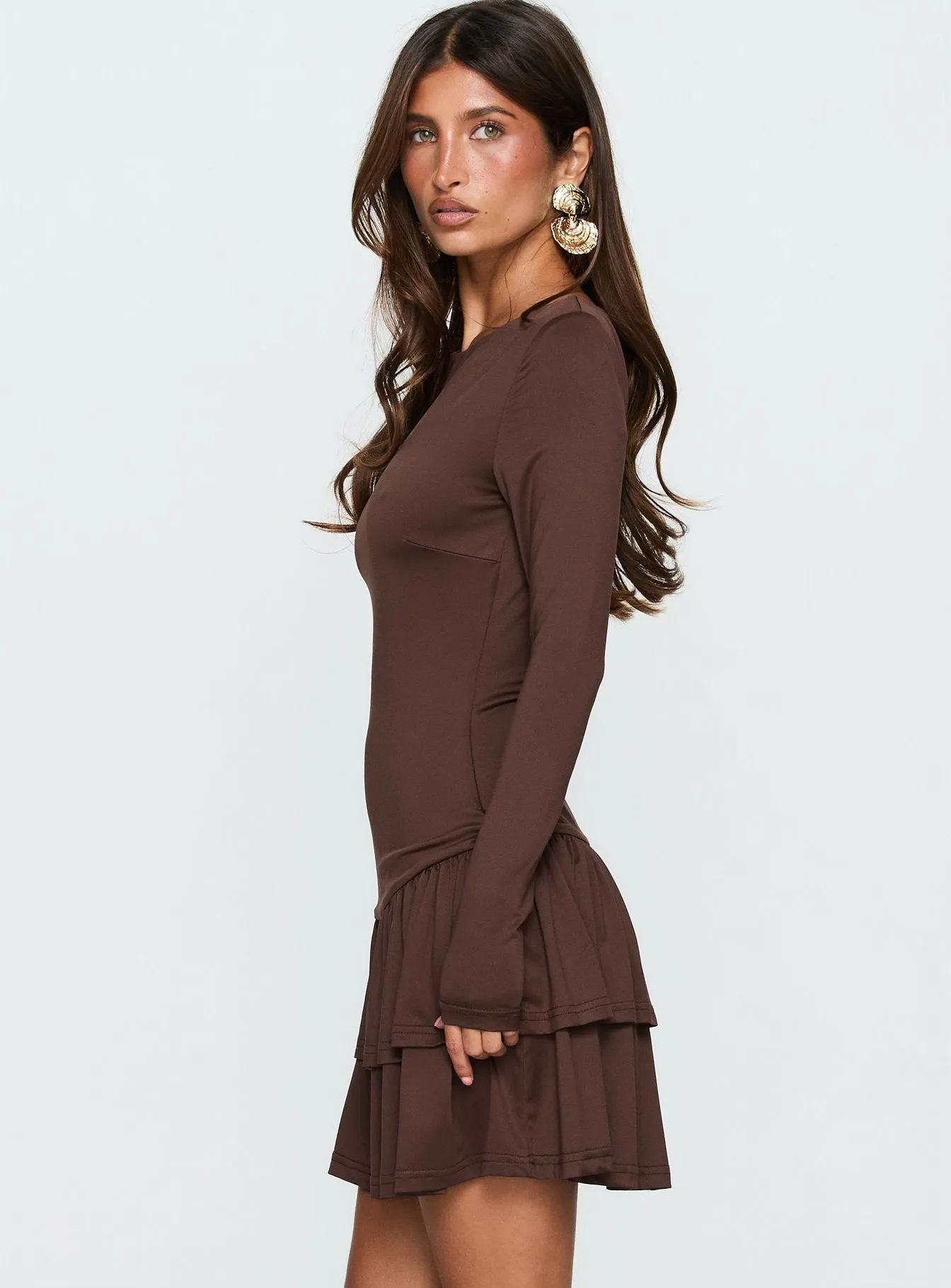 Mallissa Long Sleeve Ruffled Mini Dress Brown sold by Princess Polly product image thumbnail 3