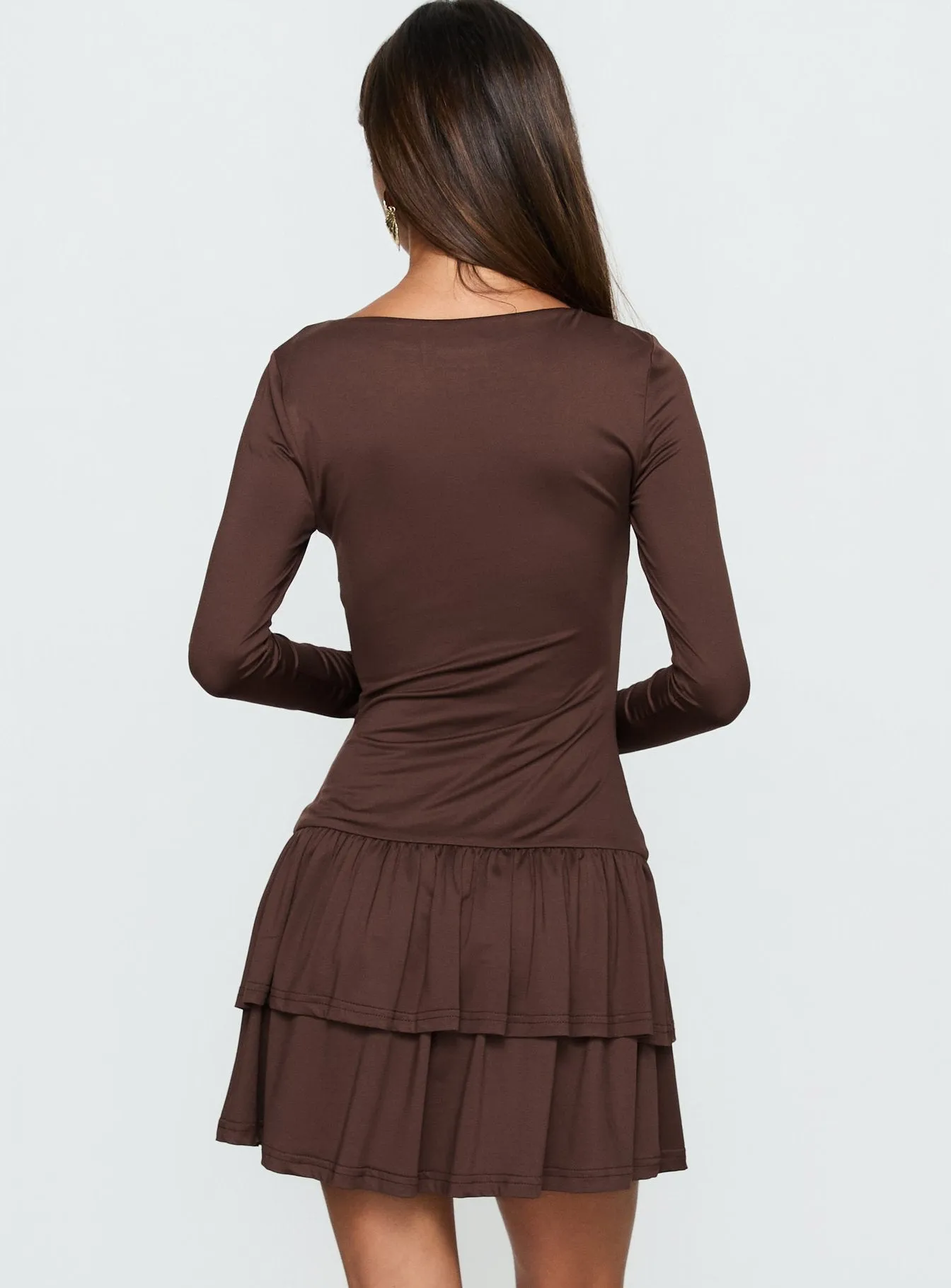 Mallissa Long Sleeve Ruffled Mini Dress Brown sold by Princess Polly product image thumbnail 4