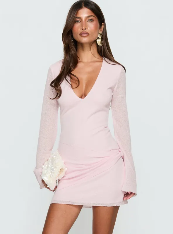 Joya Long Sleeve Plunge Mini Dress Pink made by Princess Polly