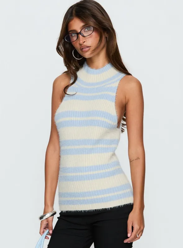 Heide High Neck Fluffy Top Blue Stripe sold by Princess Polly