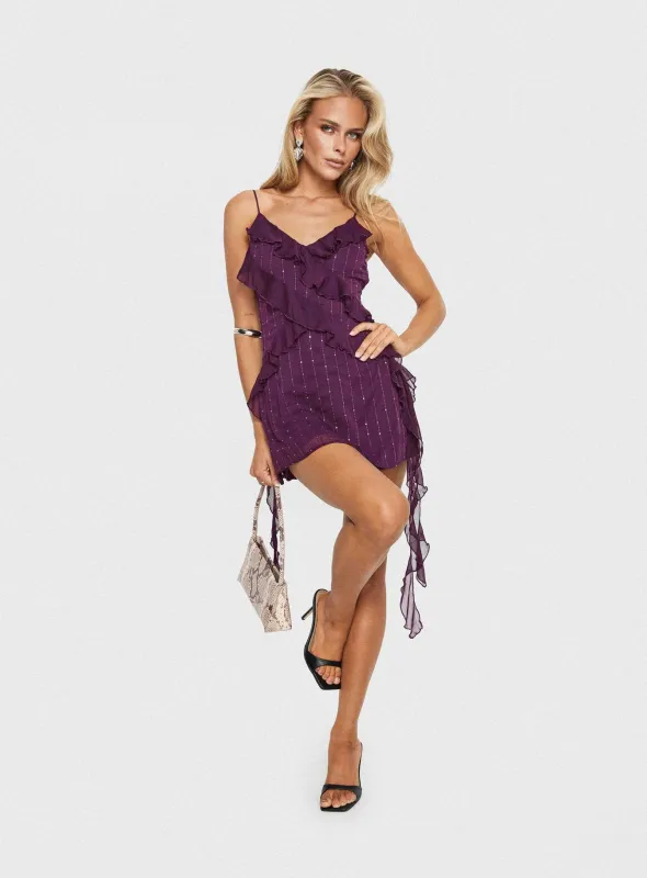 Kinara Ruffle Mini Dress Purple sold by Princess Polly