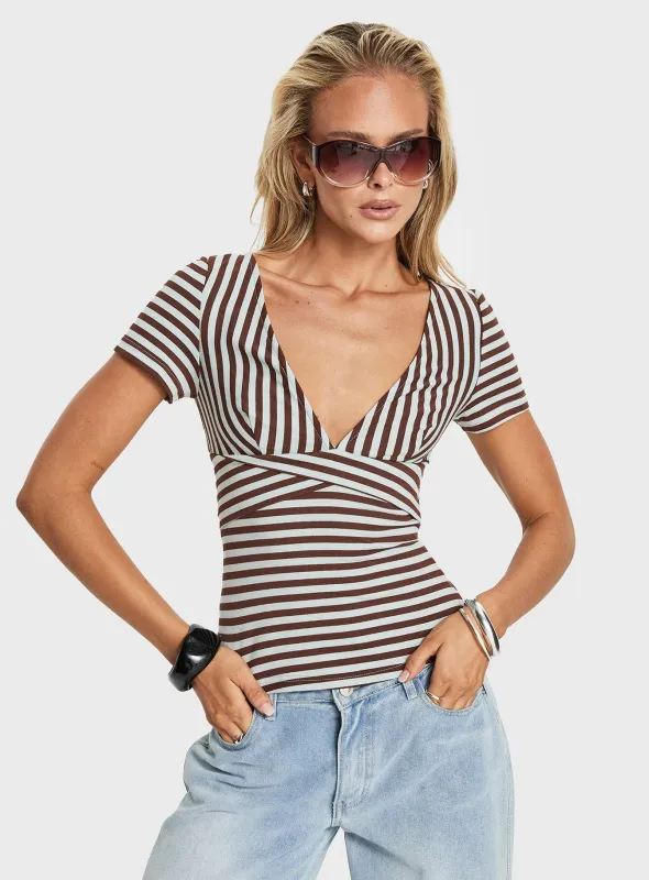 Madelon Short Sleeve Wrap Top Brown / Blue Stripe sold by Princess Polly
