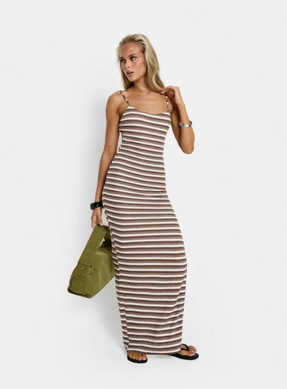 Elestria Maxi Dress Brown Stripe sold by Princess Polly