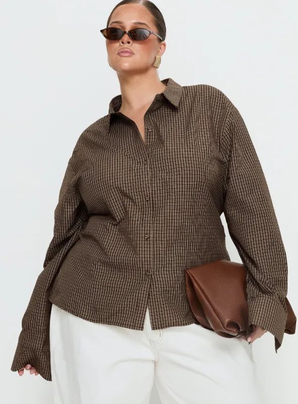 Xinia Tie Waist Long Sleeve Shirt Brown Check Curve made by Princess Polly