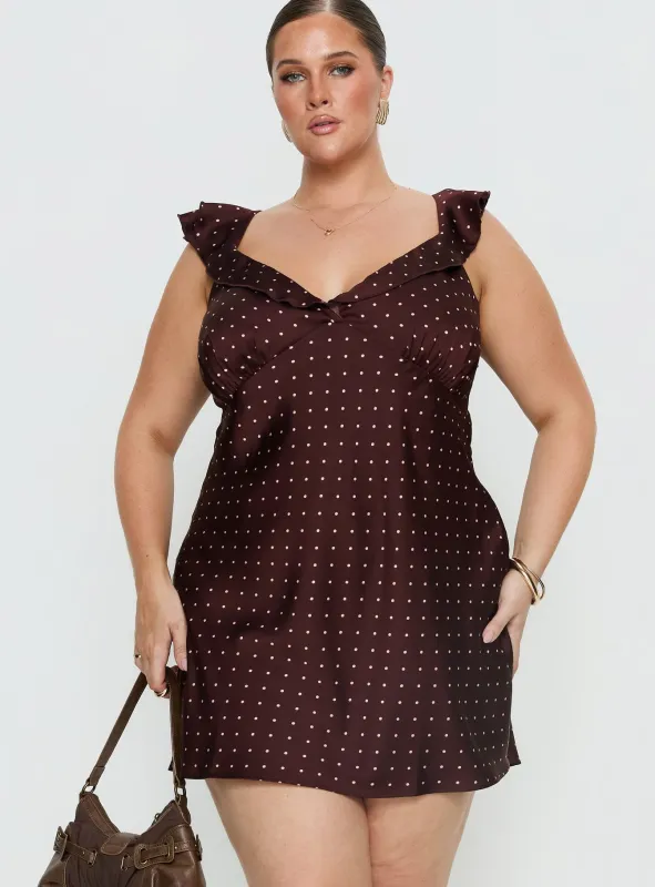 Kamillah Frill Mini Dress Burgundy Polka Dot Curve sold by Princess Polly