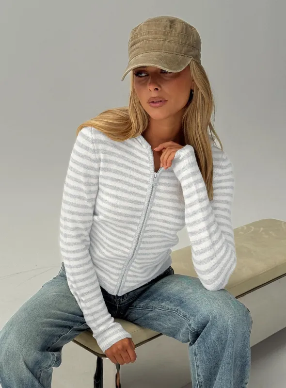 Superstars Zip Through Hoodie Grey / Cream Stripe sold by Princess Polly