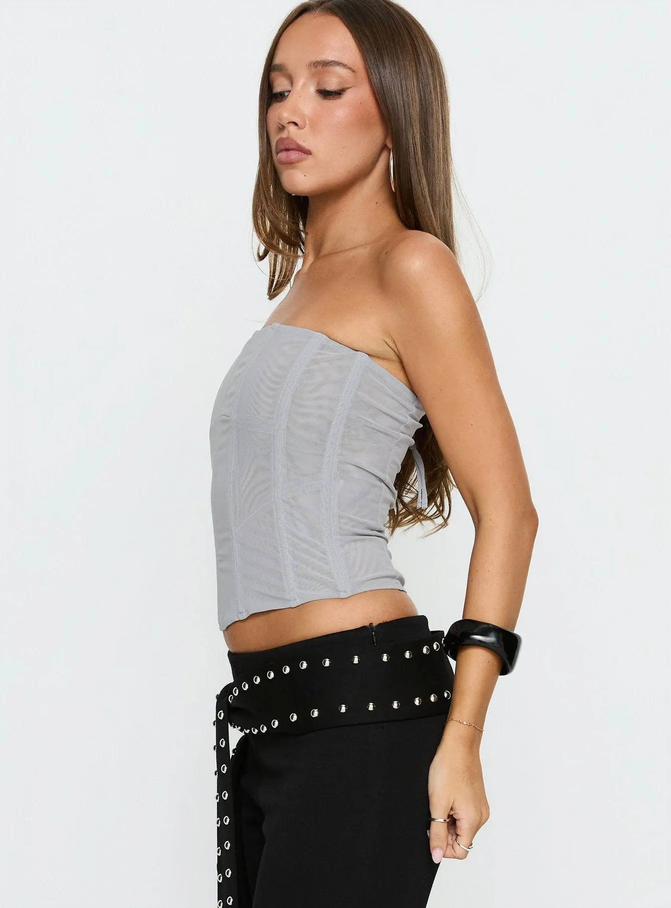 Oscuro Longline Mesh Corset Top Slate sold by Princess Polly product image thumbnail 4