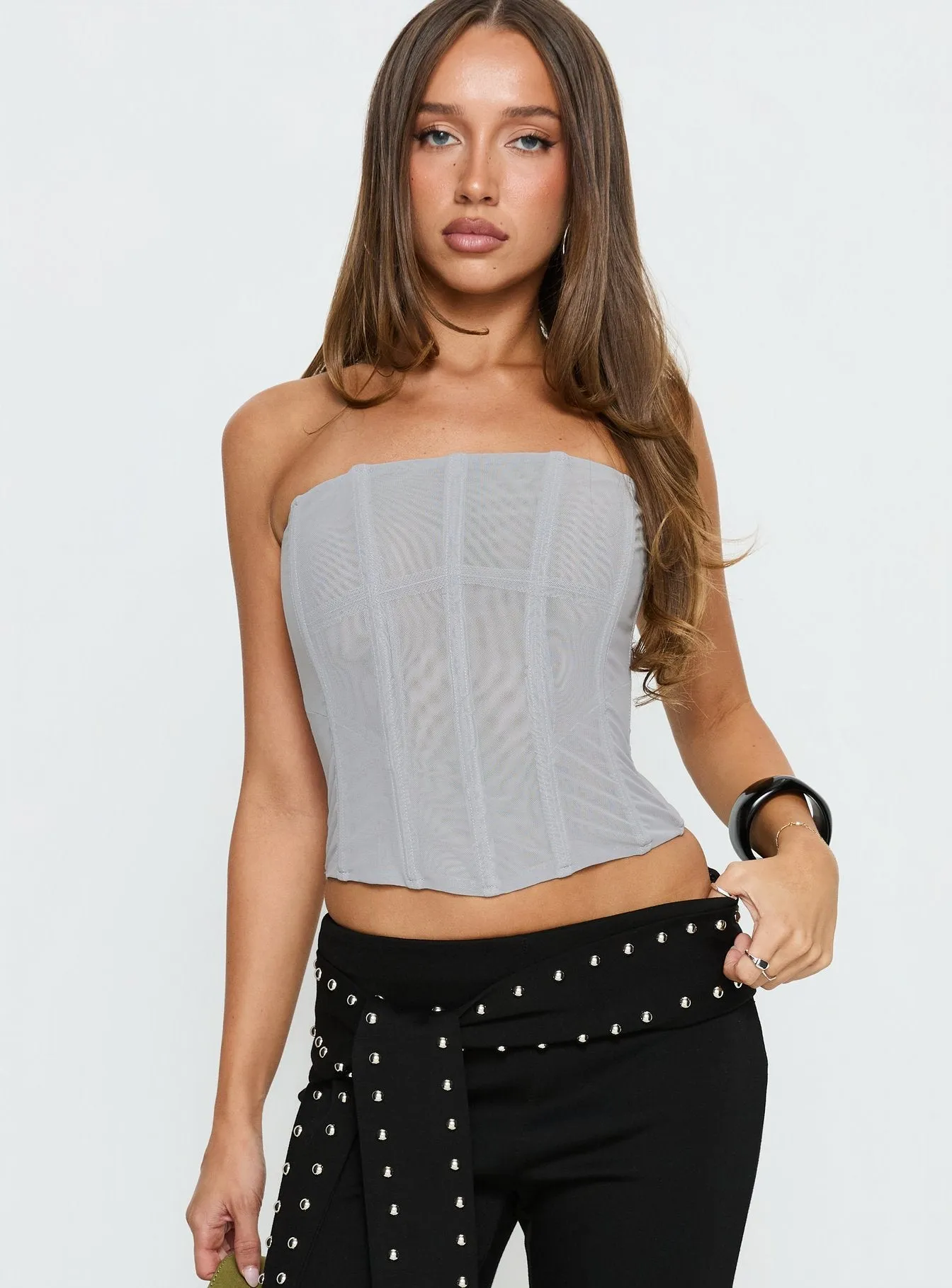Oscuro Longline Mesh Corset Top Slate sold by Princess Polly product image thumbnail 2