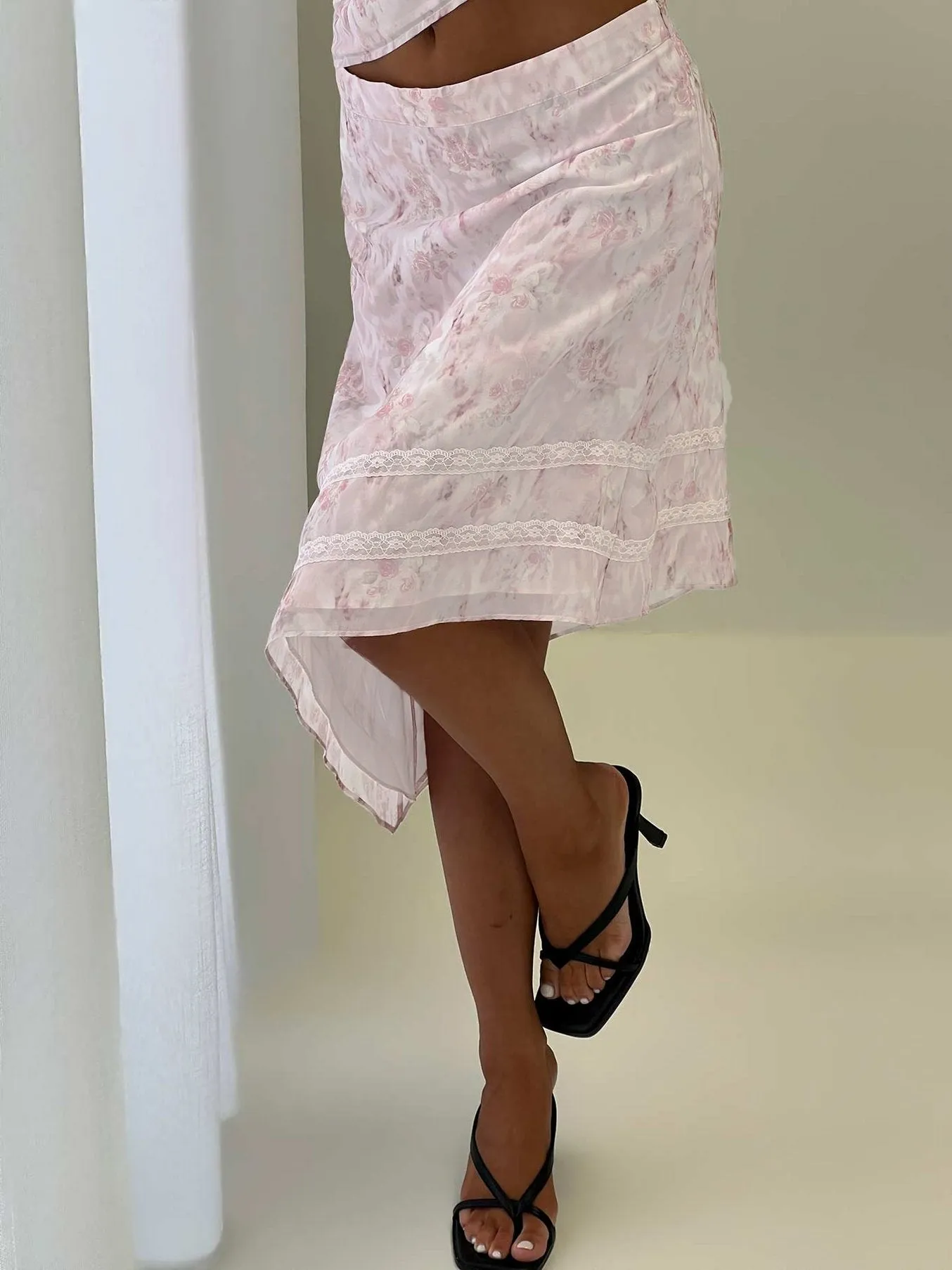 Avaline Asymmetrical Midi Skirt Pink sold by Princess Polly
