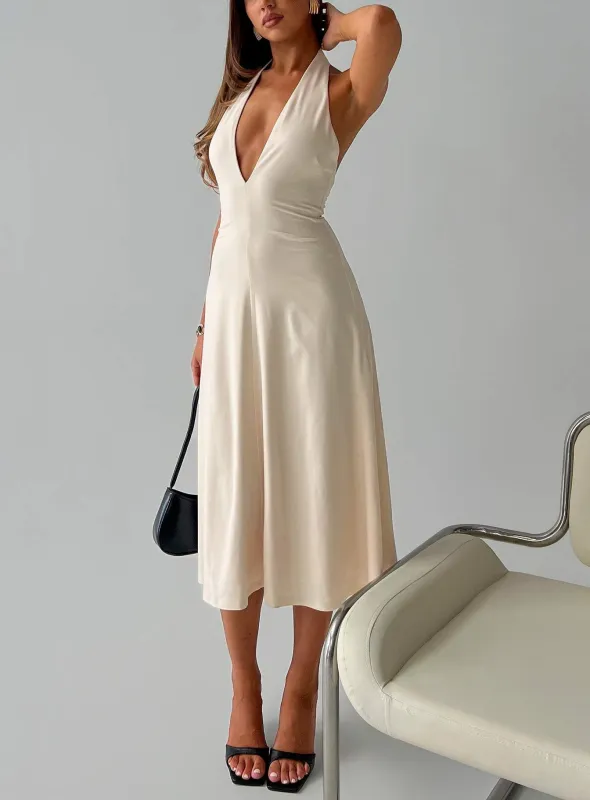 Morganne Halter Plunge Midi Dress Butter sold by Princess Polly