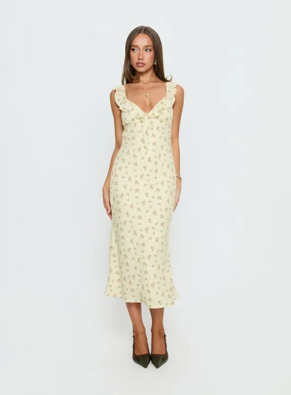 Leabelle Frill V Neck Maxi Dress Yellow Floral made by Princess Polly