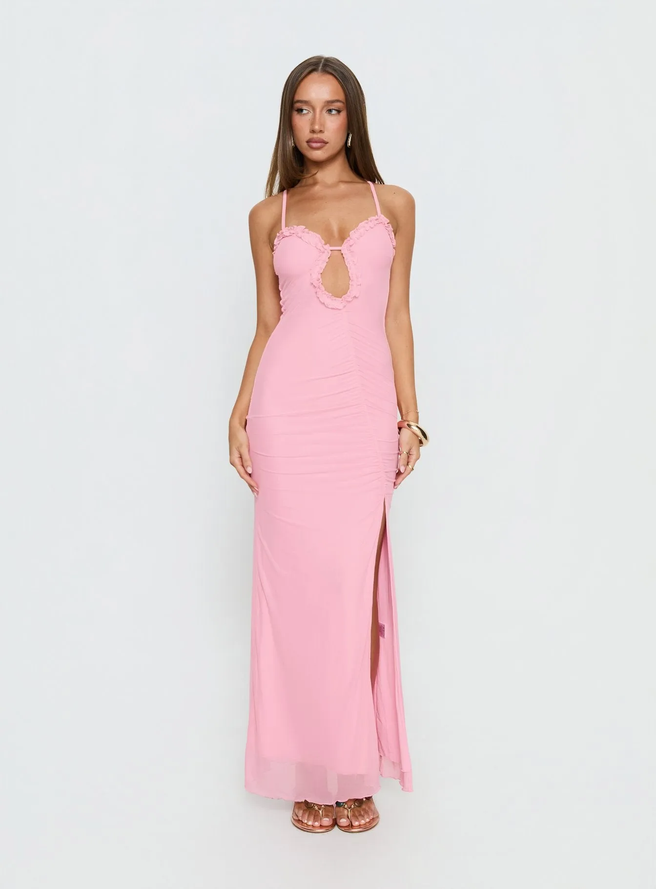 Soulina Ruched Maxi Dress Pink sold by Princess Polly
