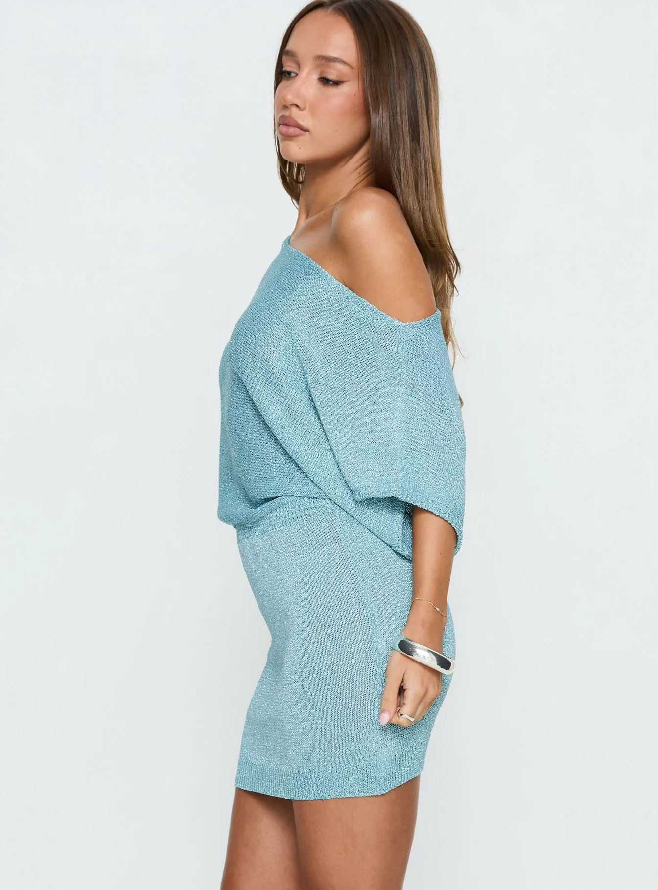 Kysa Off Shoulder Knit Mini Dress Ocean Blue sold by Princess Polly product image thumbnail 3