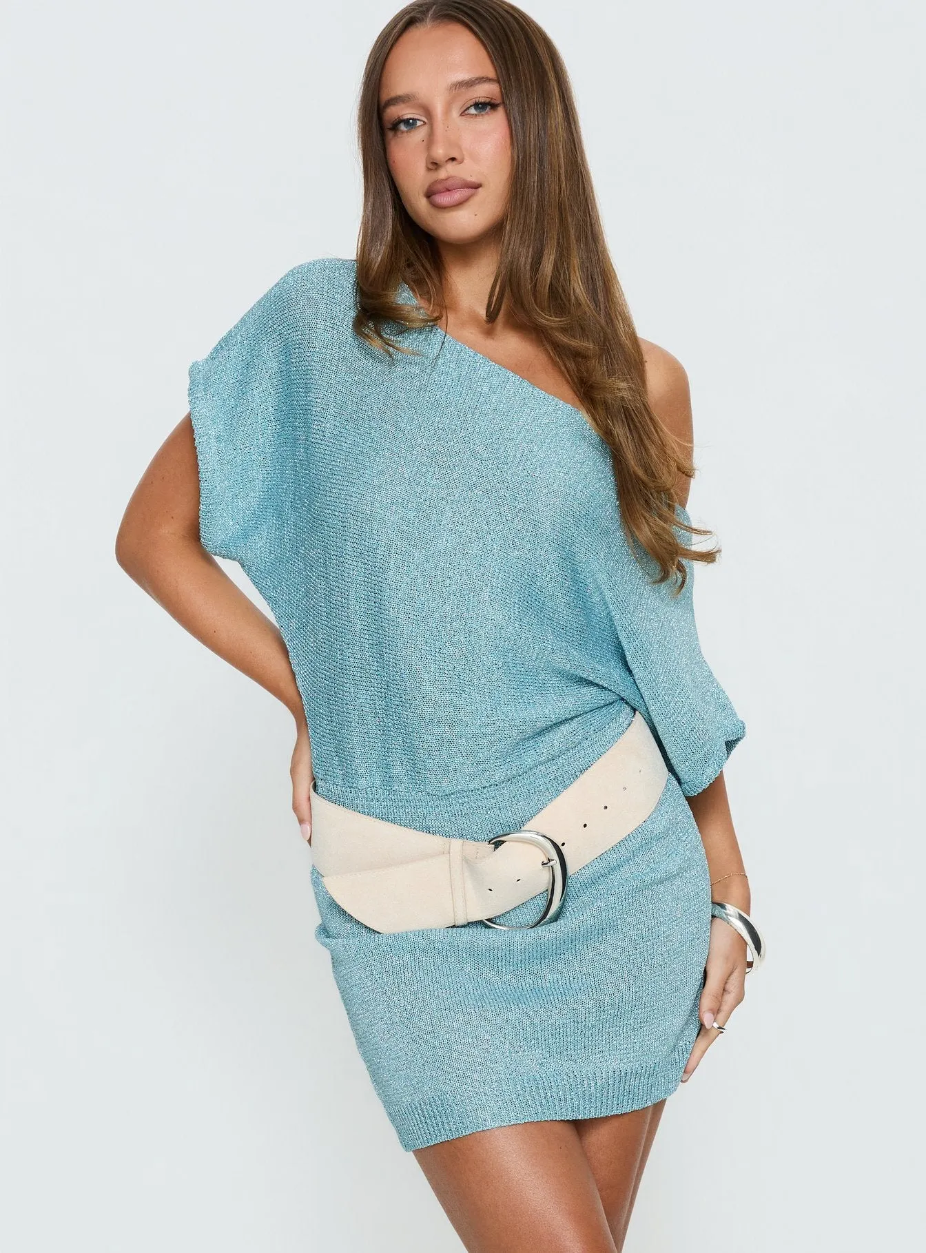 Kysa Off Shoulder Knit Mini Dress Ocean Blue sold by Princess Polly