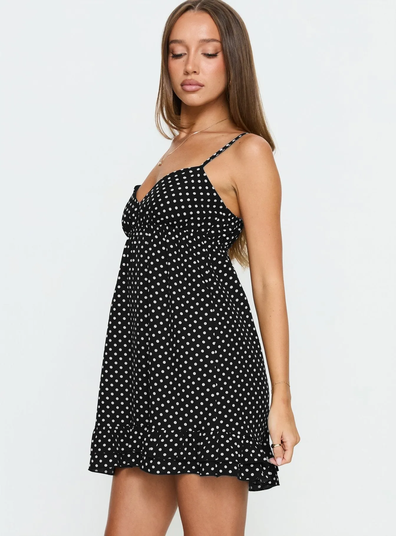Casee V Neck Frill Mini Dress Black Polka Dot sold by Princess Polly product image thumbnail 4