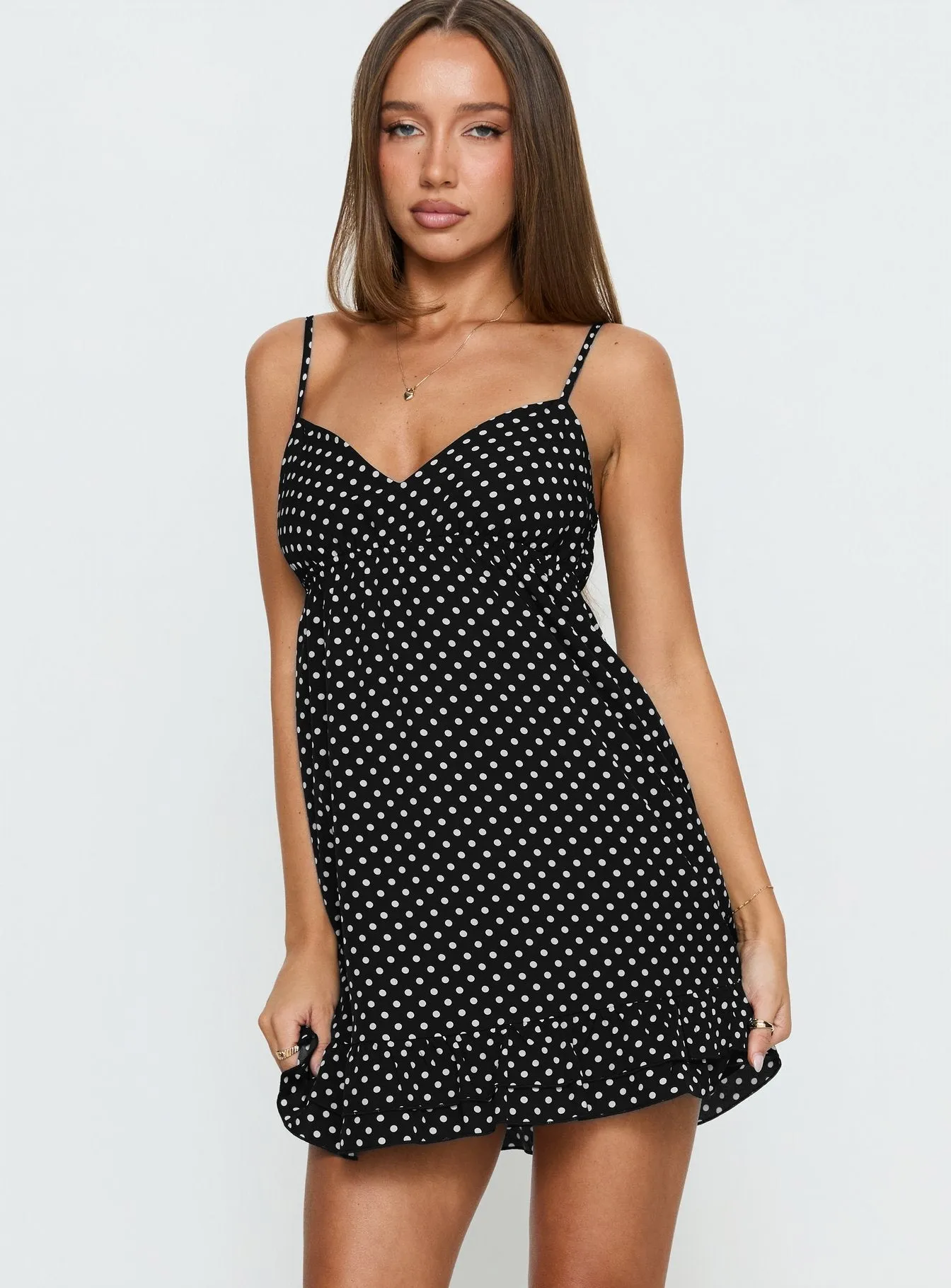 Casee V Neck Frill Mini Dress Black Polka Dot sold by Princess Polly product image thumbnail 2