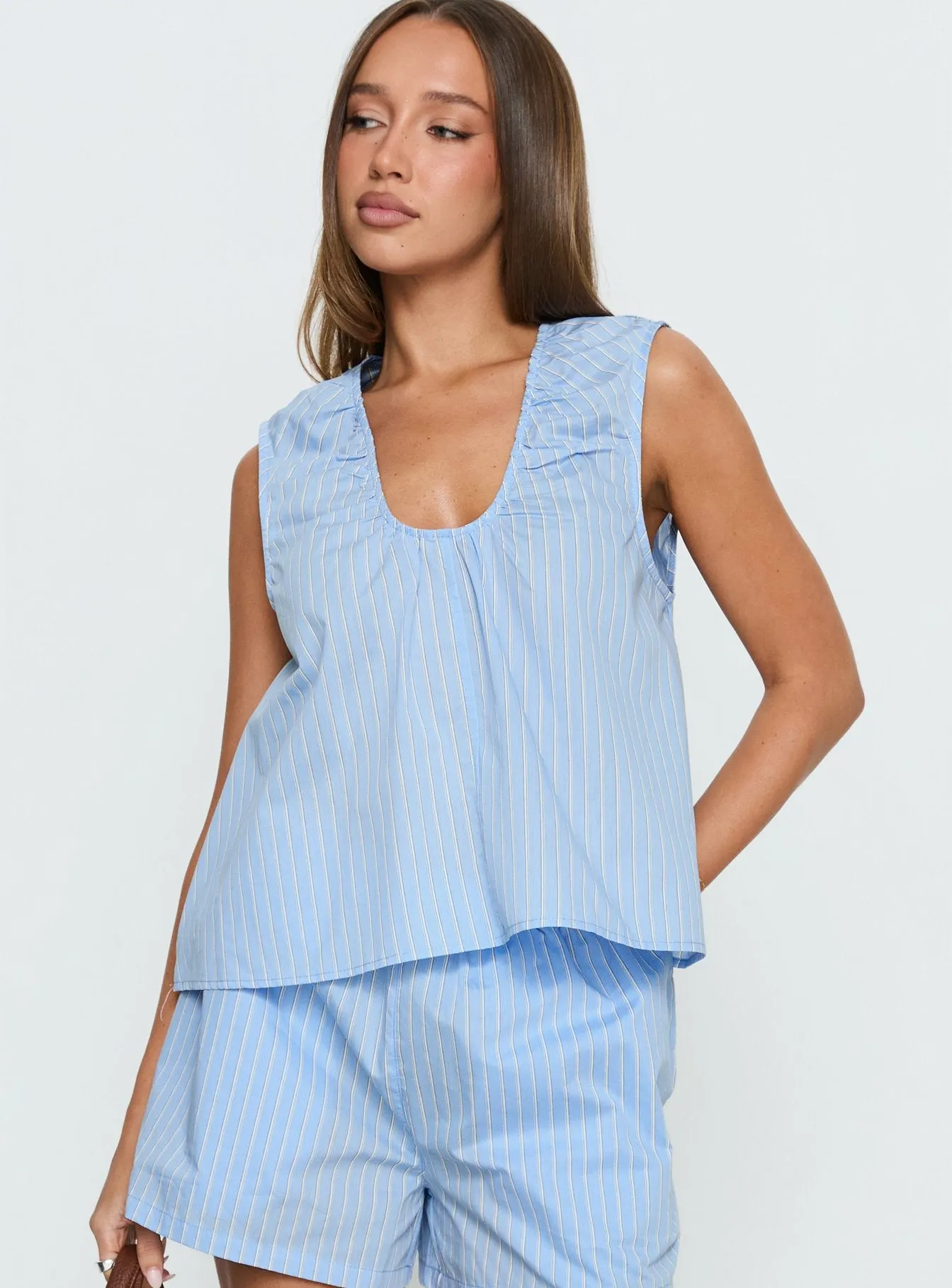 Carambola Ruched Sleeveless Top Blue sold by Princess Polly