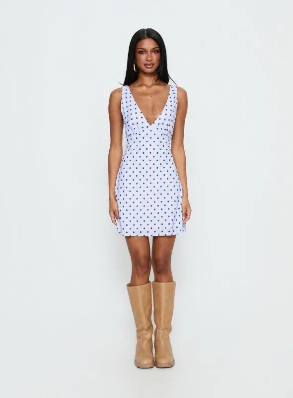Nellie Mini Dress Blue / Brown Polka Dot made by Princess Polly