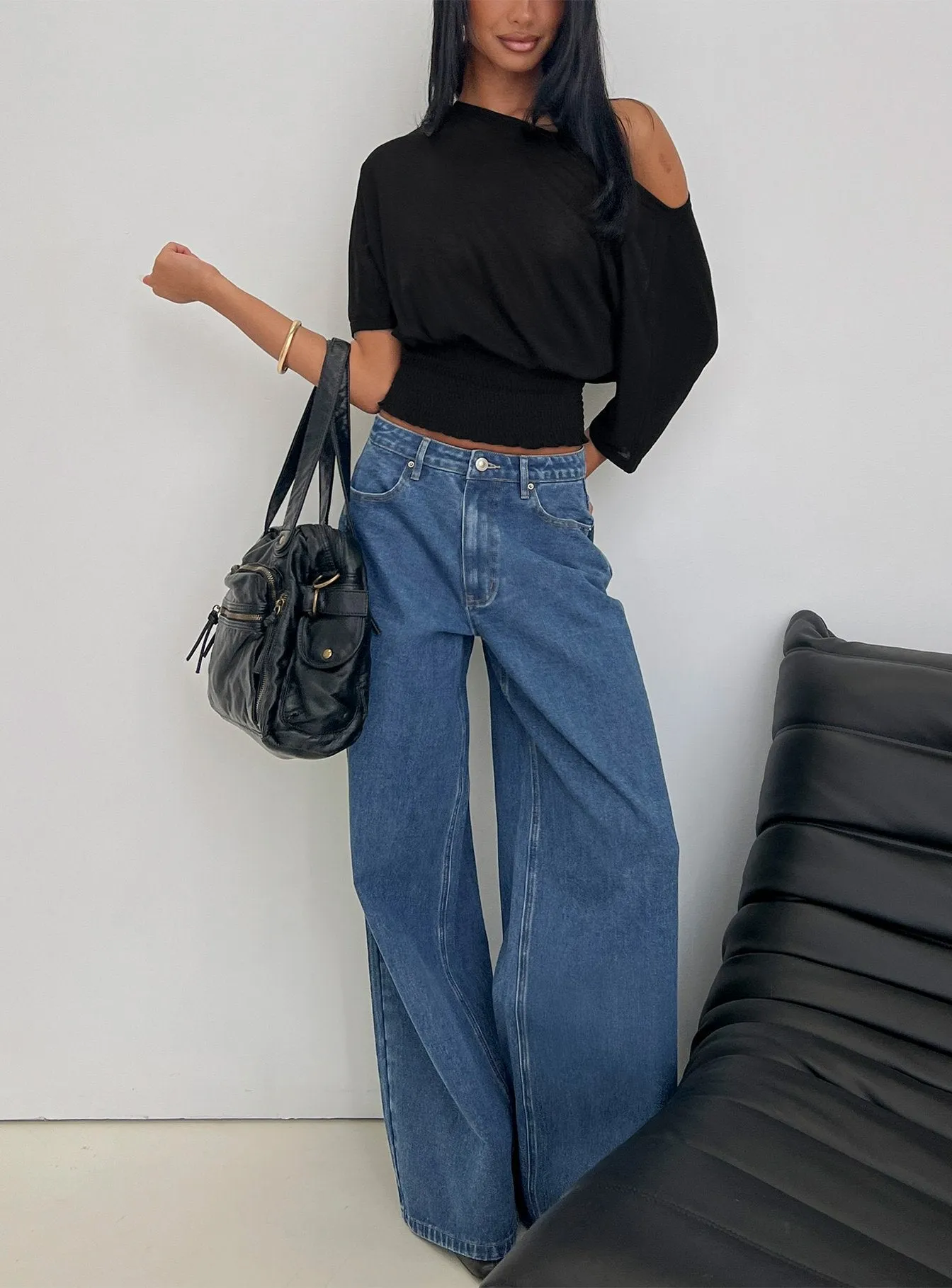 Naylor Mid Rise Wide Leg Jeans Mid Blue Wash sold by Princess Polly