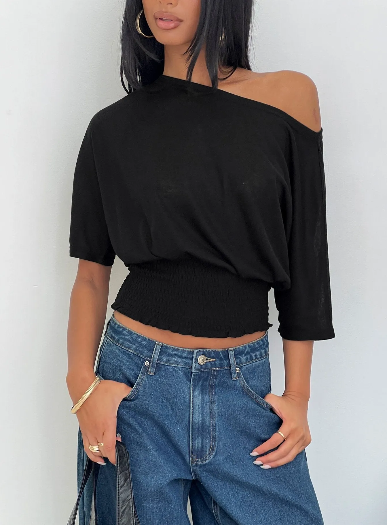 Dayten Off Shoulder Sheer Top Black sold by Princess Polly
