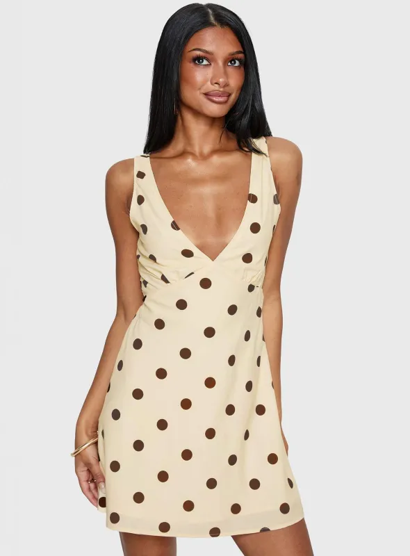 Nellie Mini Dress Lemon / Brown Polka Dot made by Princess Polly