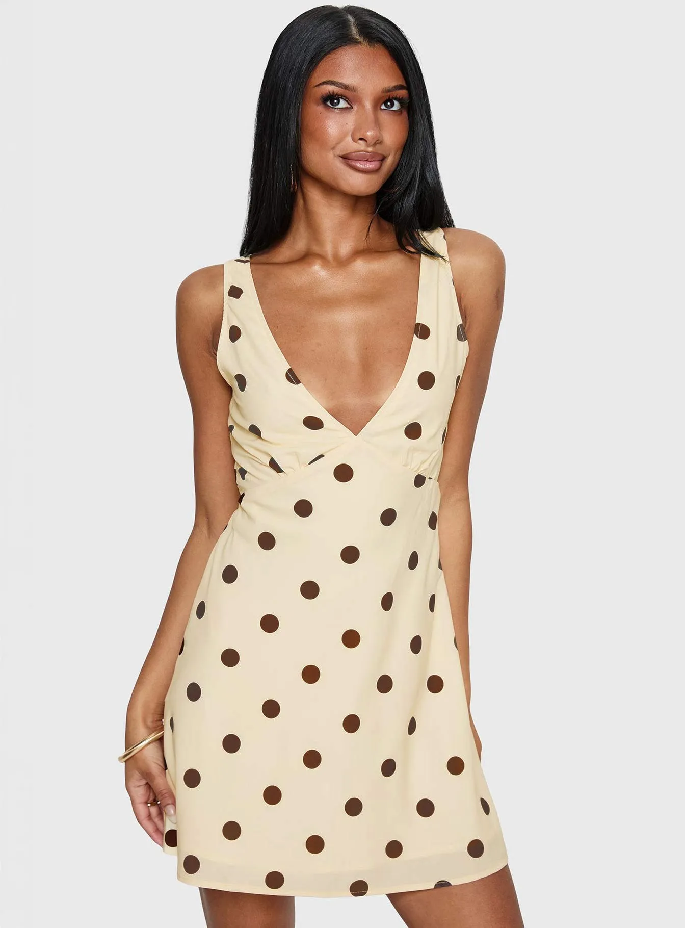 Nellie Mini Dress Lemon / Brown Polka Dot sold by Princess Polly