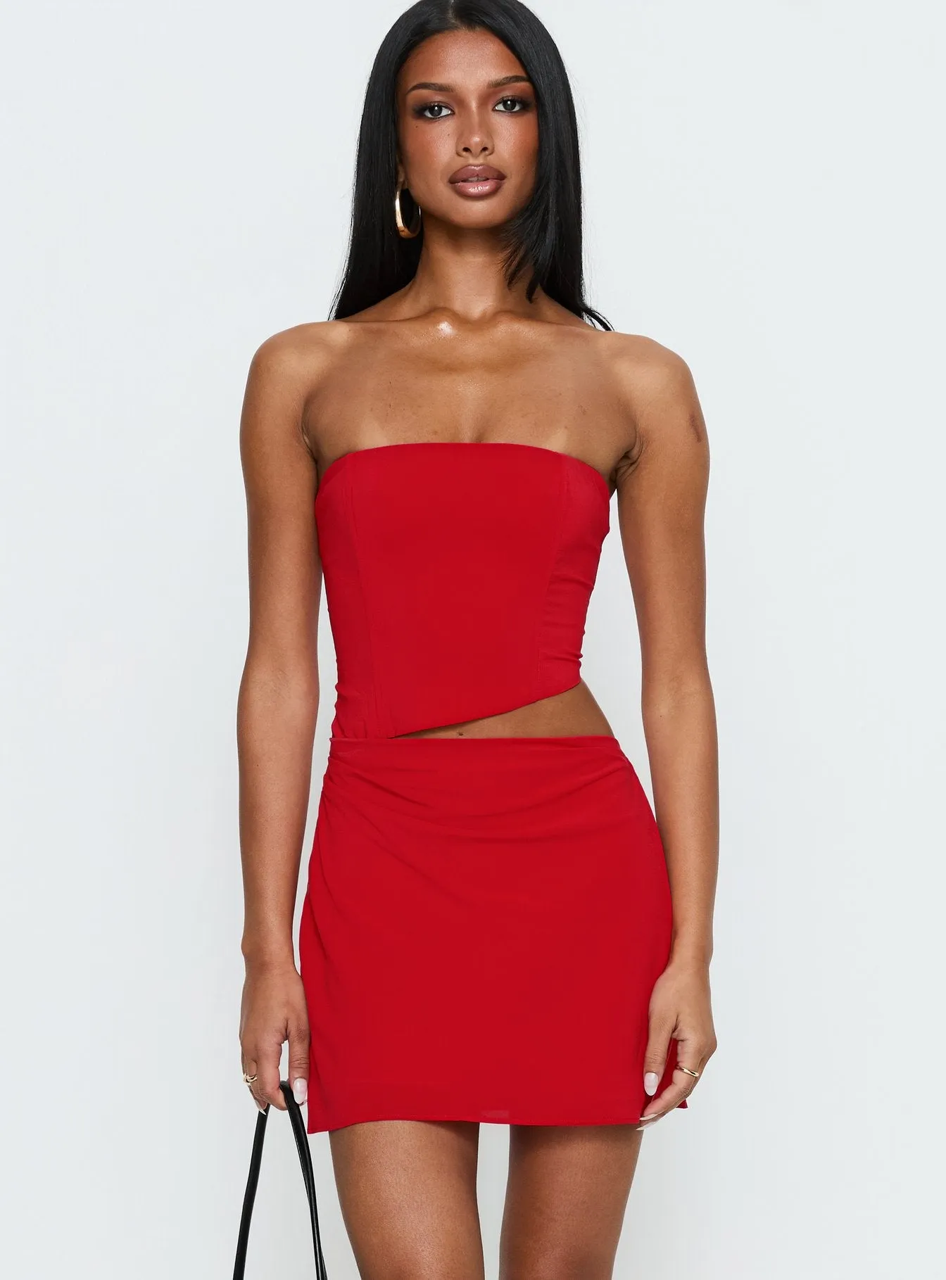 Jasira Strapless Drape Mini Dress Bold Red sold by Princess Polly