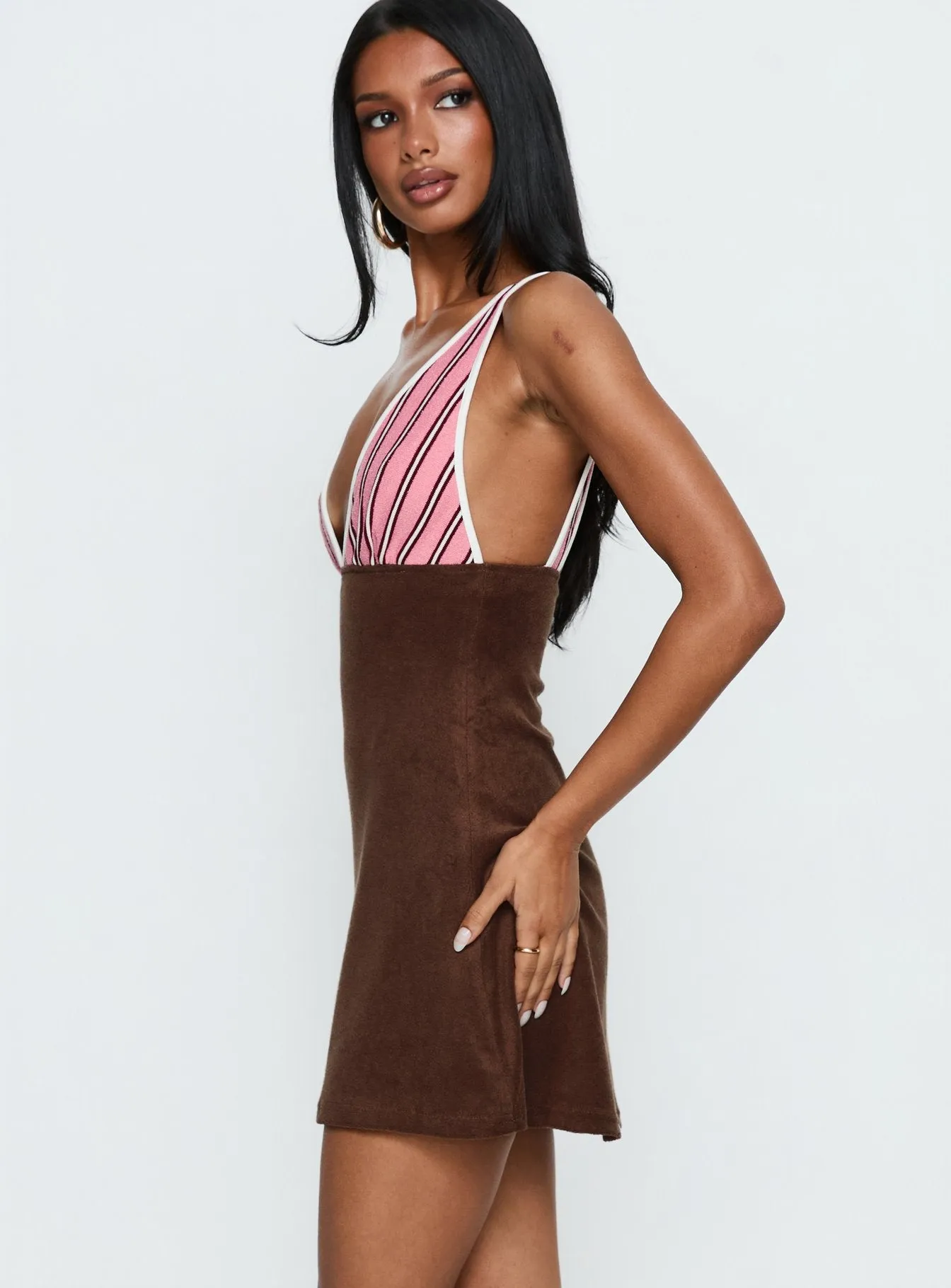 Aydenn Contrast Plunge Mini Dress Pink / Brown sold by Princess Polly product image thumbnail 4