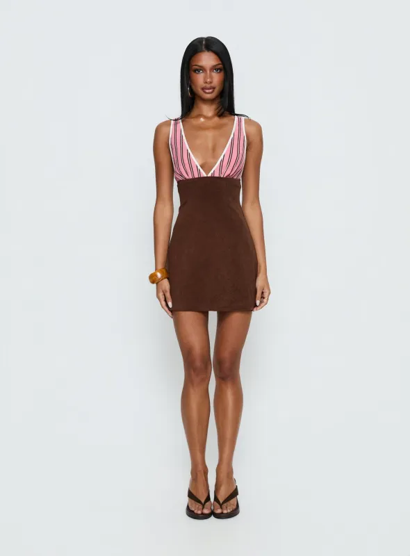 Aydenn Contrast Plunge Mini Dress Pink / Brown sold by Princess Polly