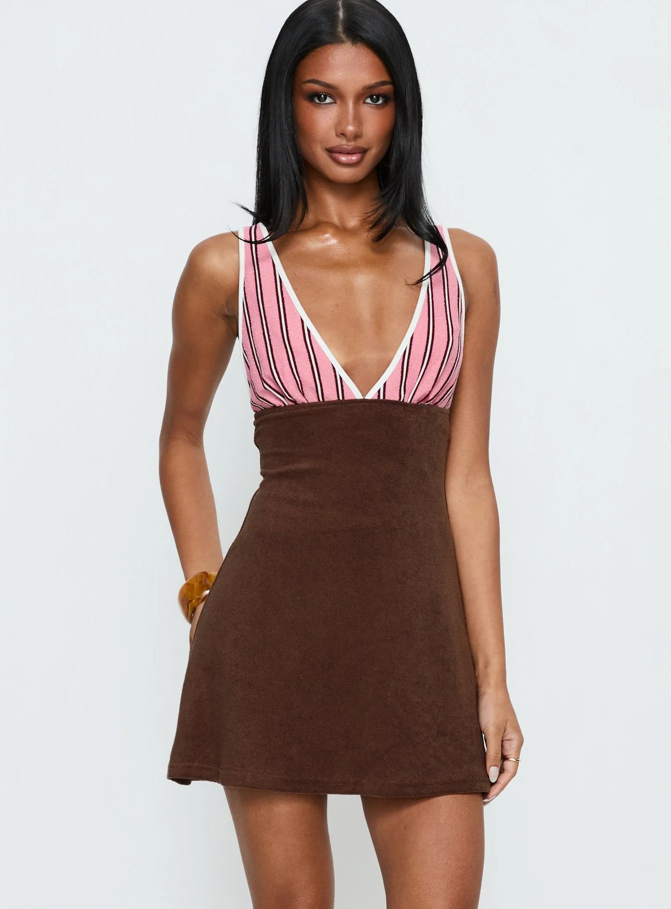 Aydenn Contrast Plunge Mini Dress Pink / Brown sold by Princess Polly product image thumbnail 2