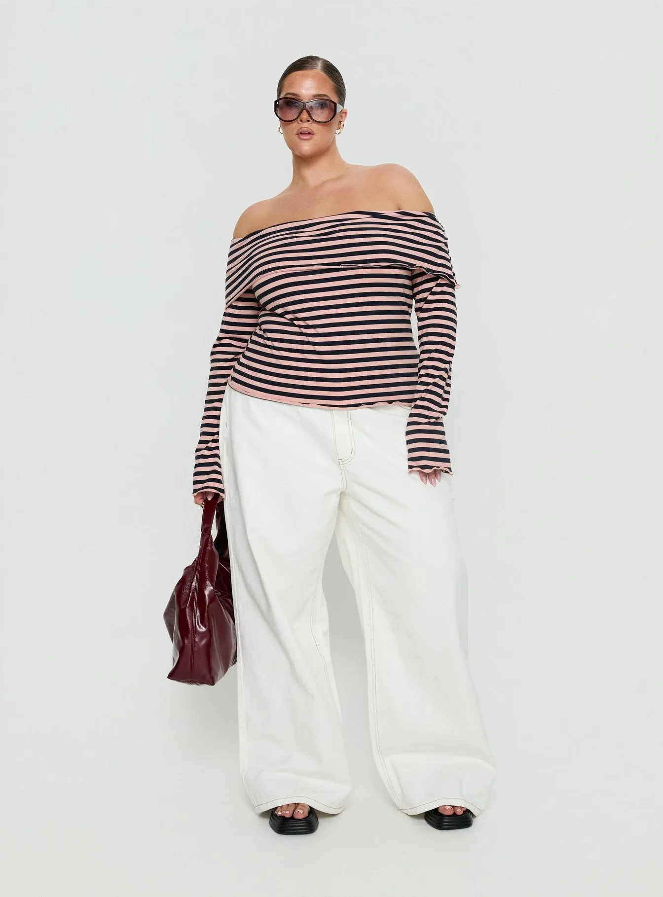 Janicia Off Shoulder Top Pink Stripe Curve sold by Princess Polly product image thumbnail 2