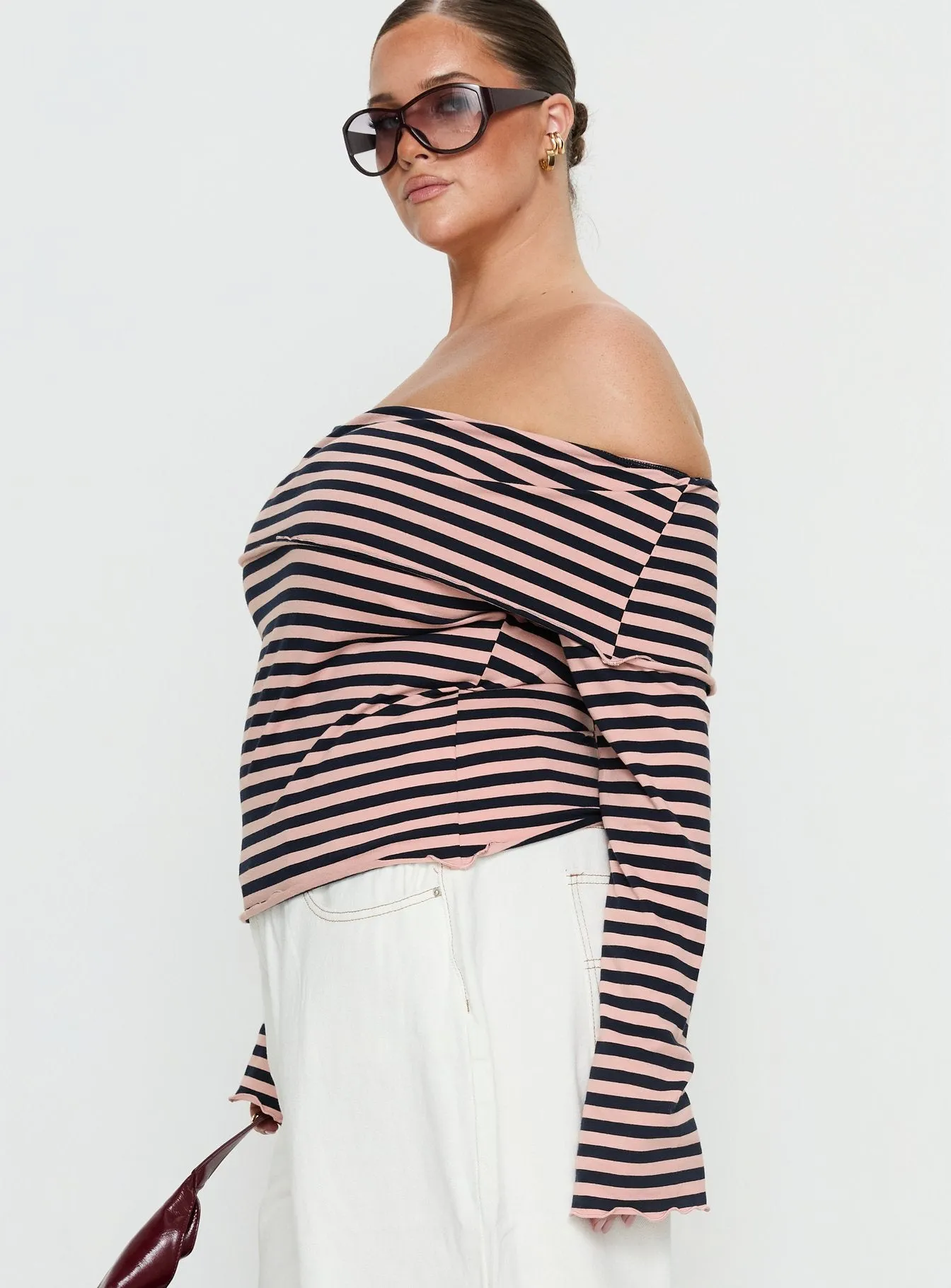 Janicia Off Shoulder Top Pink Stripe Curve sold by Princess Polly product image thumbnail 3