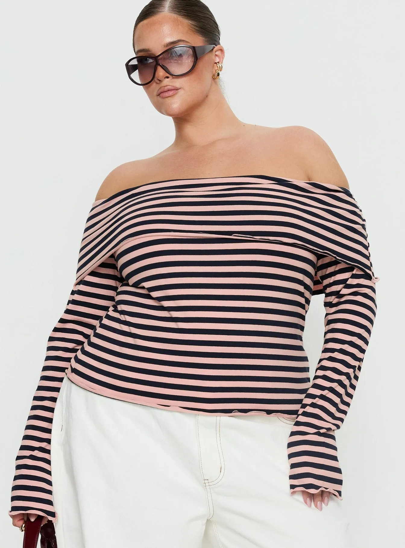 Janicia Off Shoulder Top Pink Stripe Curve sold by Princess Polly