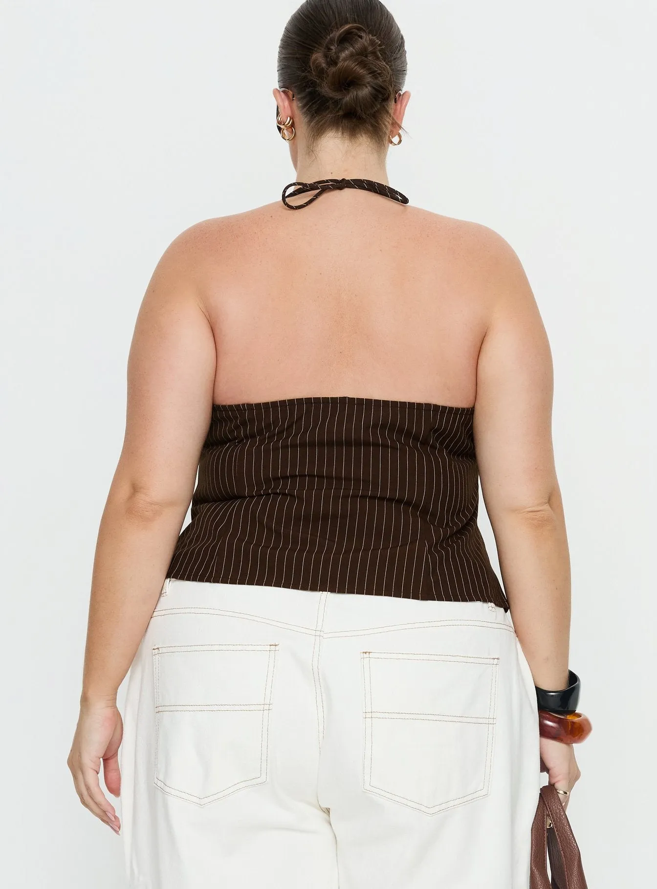 Cherise Bead Detail Top Brown Pinstripe Curve sold by Princess Polly product image thumbnail 4