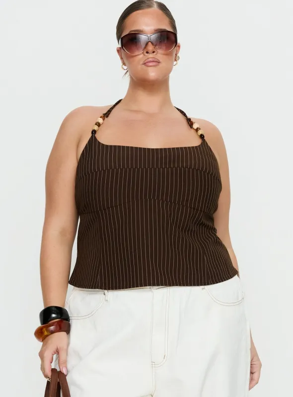 Cherise Bead Detail Top Brown Pinstripe Curve made by Princess Polly