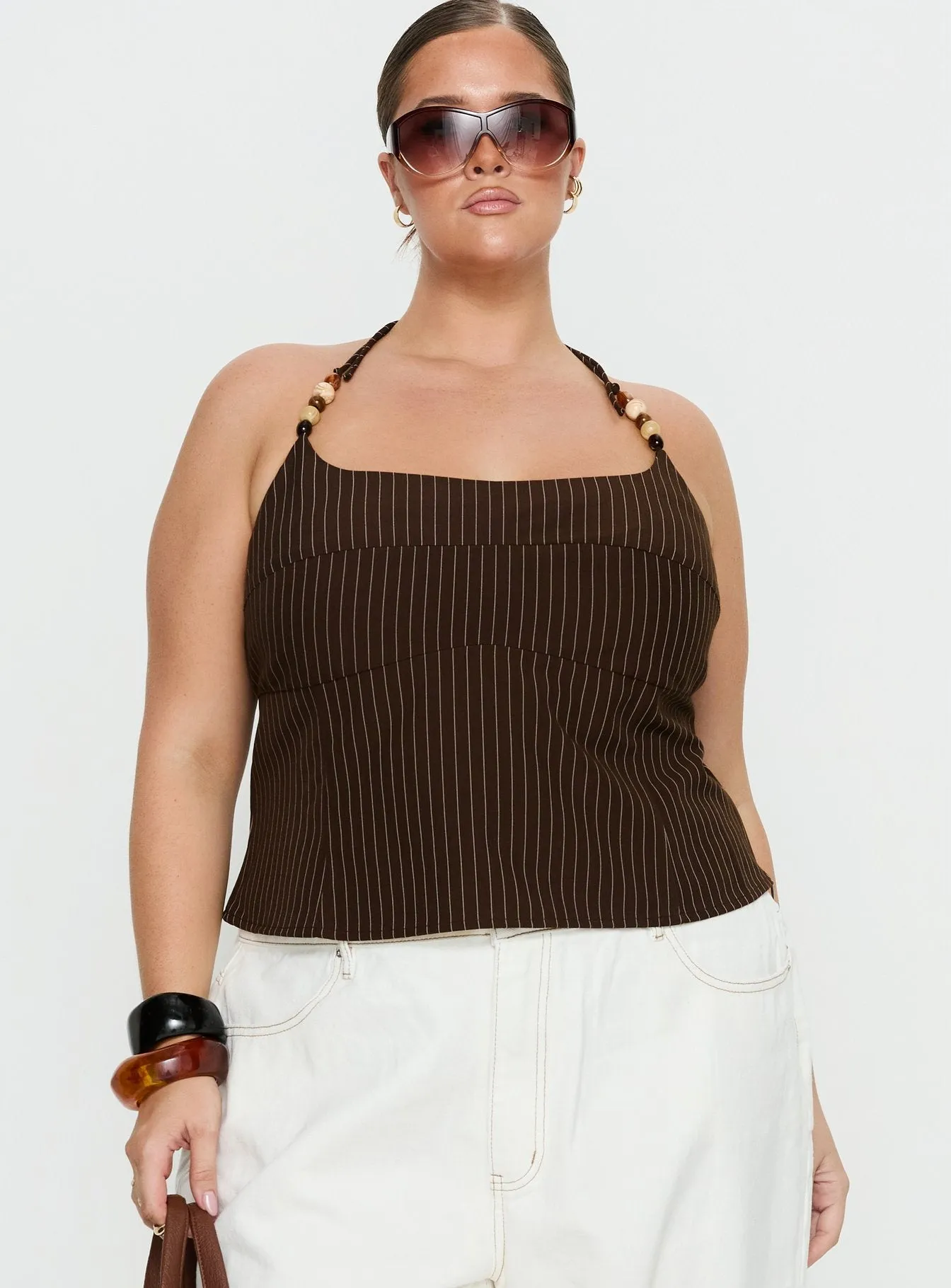 Cherise Bead Detail Top Brown Pinstripe Curve sold by Princess Polly